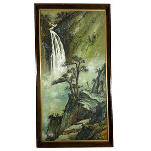 VTG Asian Original Oil Painting On Canvas Waterfall Landscape Framed Signed MCM